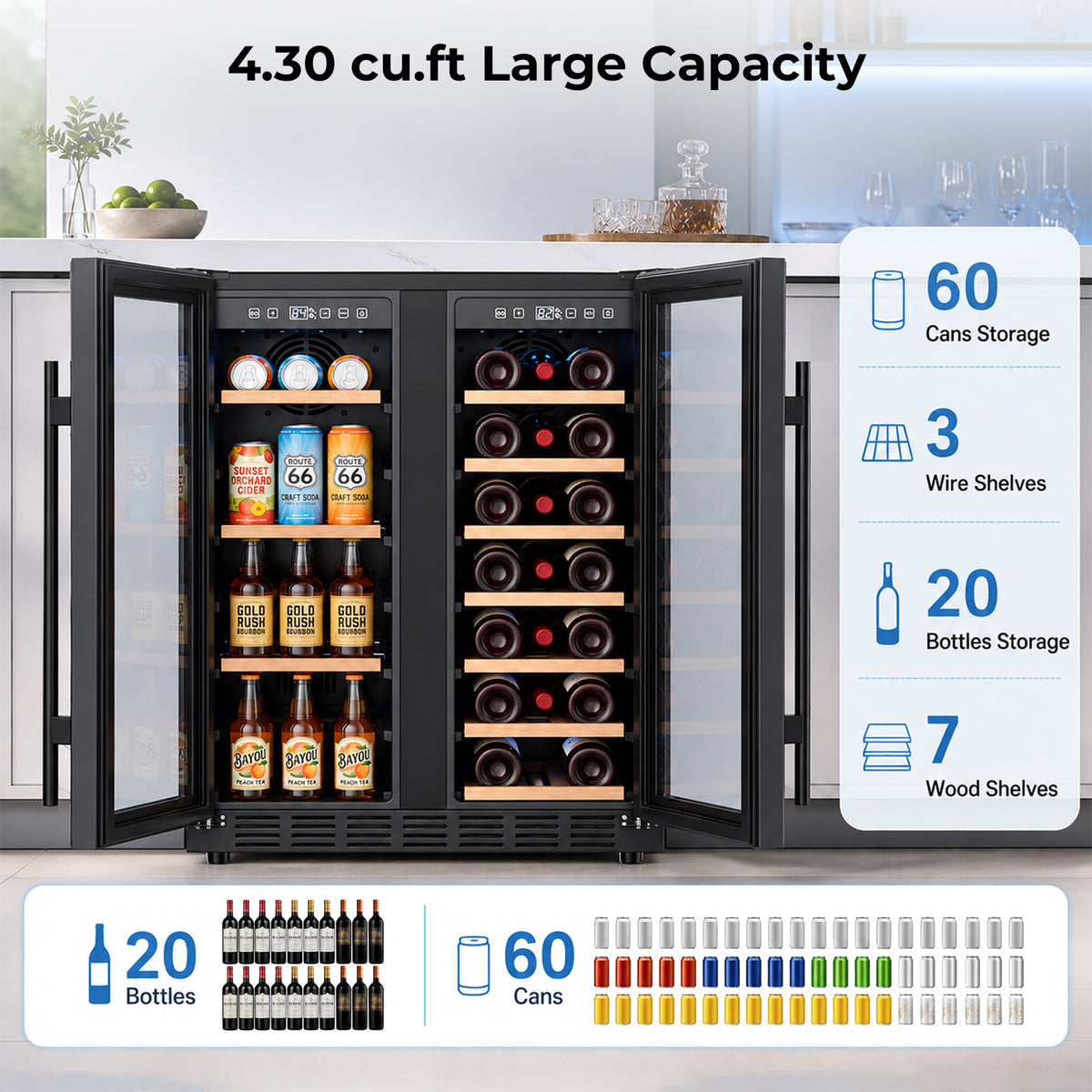 Snowyermine 24 inch Dual Zone Wine & Beverage Refrigerator, Built-in & Freestanding Wine Cooler with Glass French Door, Black for Home or Bar