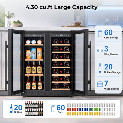 Snowyermine 24 inch Dual Zone Wine & Beverage Refrigerator, Built-in & Freestanding Wine Cooler with Glass French Door, Black for Home or Bar