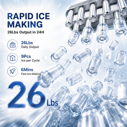 Snowyermine Ice Maker Countertop, 9 Cubes Ready in 6 Mins, 26lbs/24H, Self-Cleaning, Portable Ice Maker Machine with Carry Handle, Basket and Scoop, 2 Sizes of Bullet Ice for Home, Kitchen, Office
