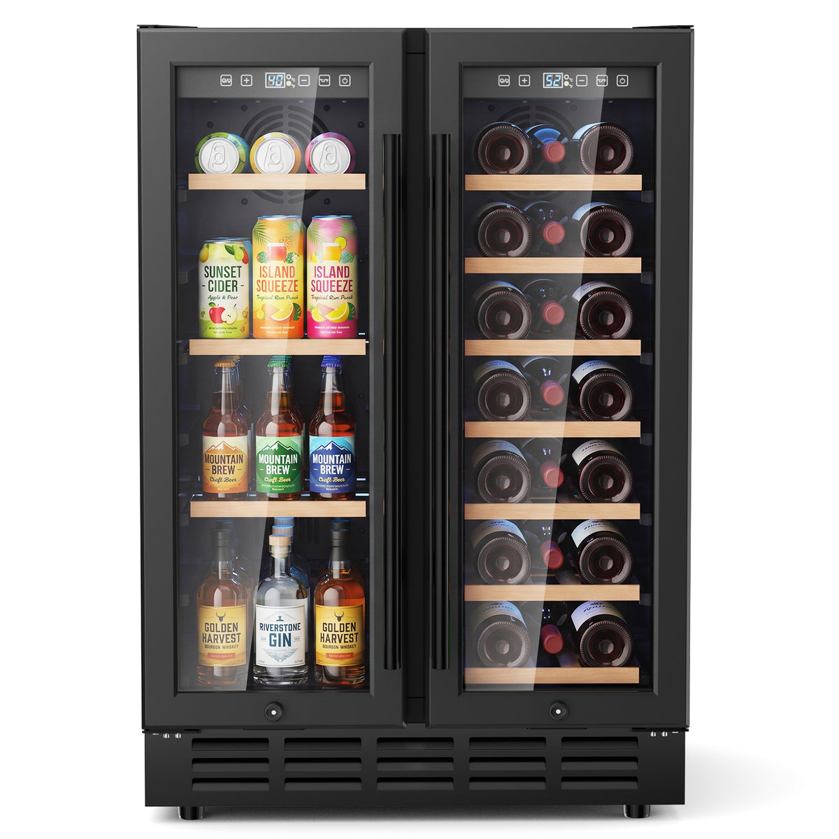 Snowyermine 24 inch Dual Zone Wine & Beverage Refrigerator, Built-in & Freestanding Wine Cooler with Glass French Door, Black for Home or Bar