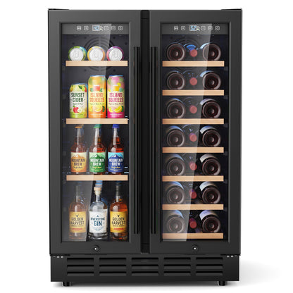Snowyermine 24 inch Dual Zone Wine & Beverage Refrigerator, Built-in & Freestanding Wine Cooler with Glass French Door, Black for Home or Bar