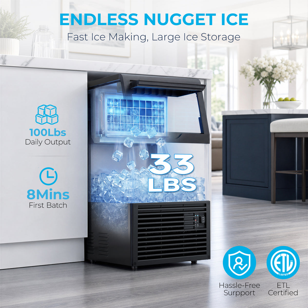Snowyermine Commercial Ice Maker, 100 lbs/24H, Built-In & Freestanding, 33 lb Storage Bin, 6 Ice Thickness Levels, Black