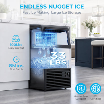 Snowyermine Commercial Ice Maker, 100 lbs/24H, Built-In & Freestanding, 33 lb Storage Bin, 6 Ice Thickness Levels, Black