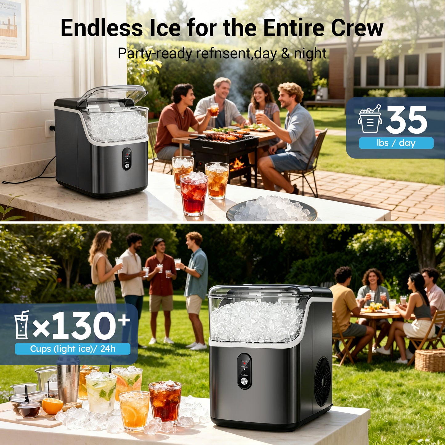 Snowyermine 35lb Nugget Ice Maker Portable Countertop, Pebble Crushed Soft Chewable Ice Maker Machine, Stainless Steel，Black