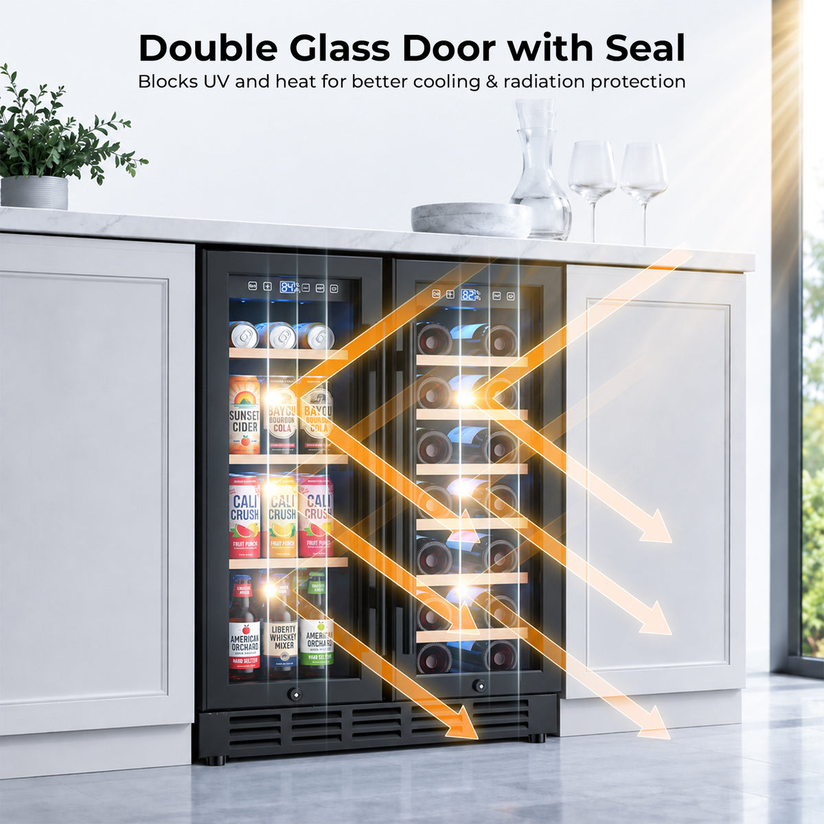 Snowyermine 24 inch Dual Zone Wine & Beverage Refrigerator, Built-in & Freestanding Wine Cooler with Glass French Door, Black for Home or Bar