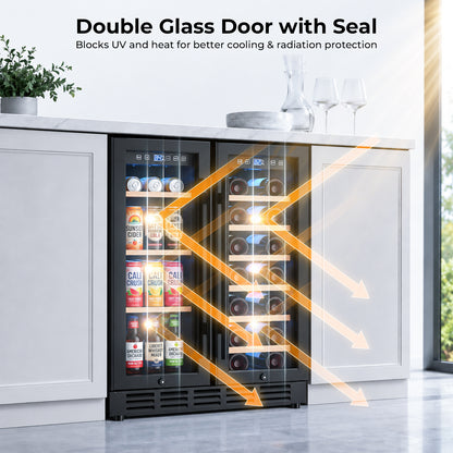 Snowyermine 24 inch Dual Zone Wine & Beverage Refrigerator, Built-in & Freestanding Wine Cooler with Glass French Door, Black for Home or Bar