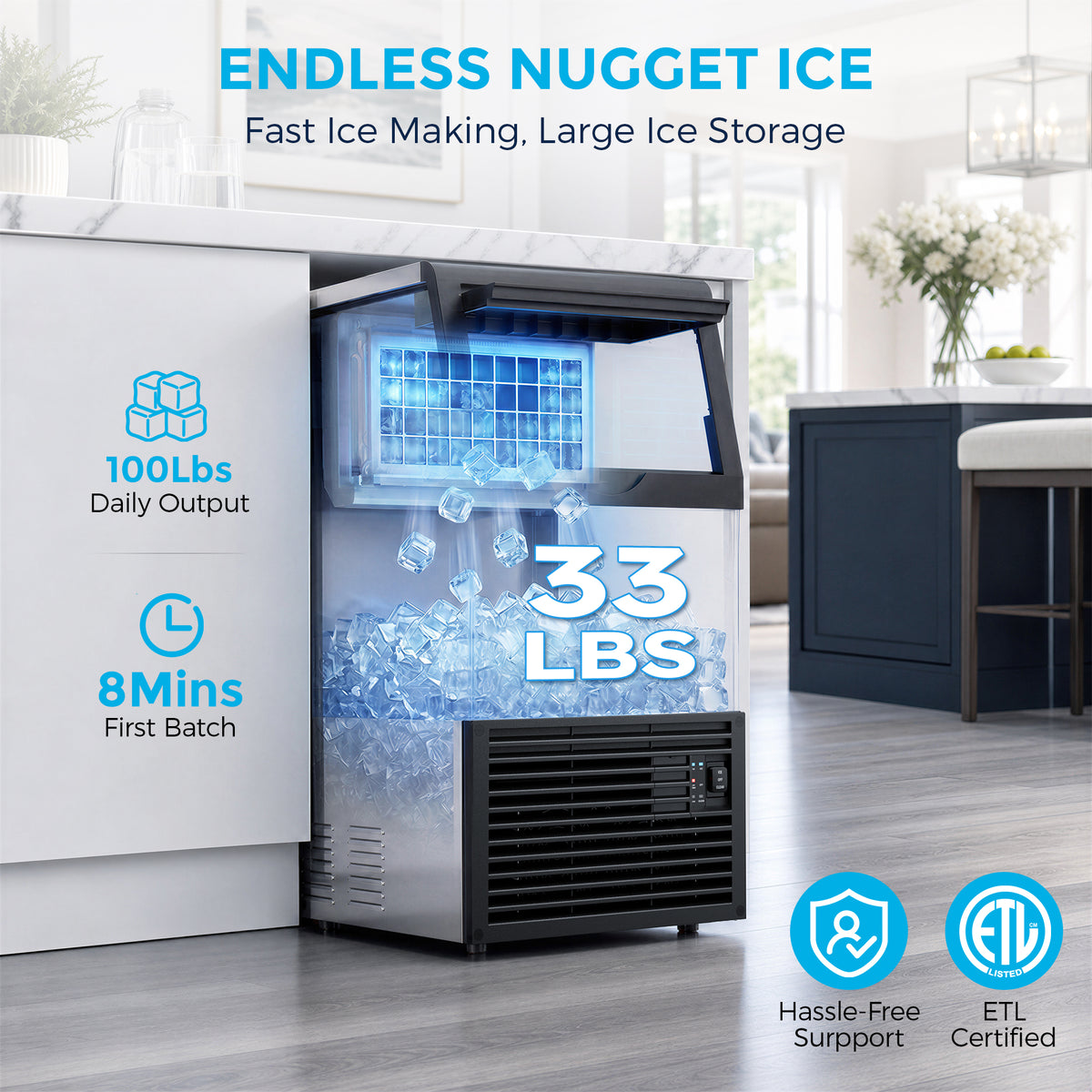 Snowyermine Commercial Undercounter Ice Maker, 100 lb Daily Output with 33 lb Ice Storage, Built-In or Freestanding Ice Machine, Self-Cleaning, Silver