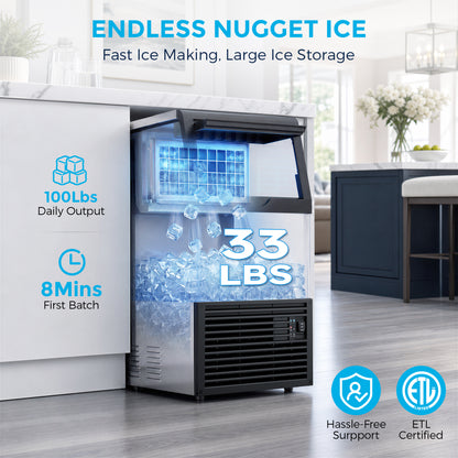 Snowyermine Commercial Undercounter Ice Maker, 100 lb Daily Output with 33 lb Ice Storage, Built-In or Freestanding Ice Machine, Self-Cleaning, Silver