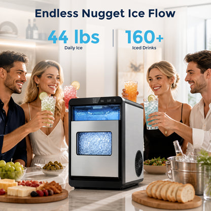 Snowyermine Nugget Ice Maker Countertop, 44 lbs per Day, Soft, Chewable Sonic-Style Pebble Ice, One-Touch Self-Cleaning, Stainless Steel, Silver, for Home, Kitchen, Office, RV and Camping