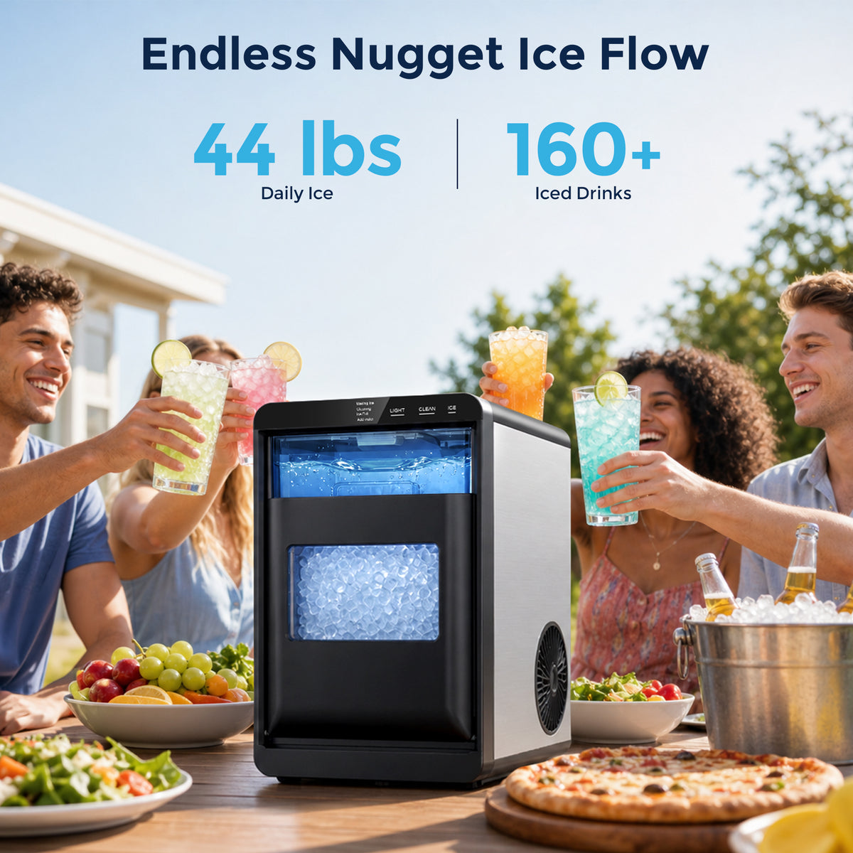 Snowyermine Nugget Ice Maker Countertop, 44 lbs per Day, Soft, Chewable Sonic-Style Pebble Ice, One-Touch Self-Cleaning, Stainless Steel, Black, for Home, Kitchen, Office, RV and Camping