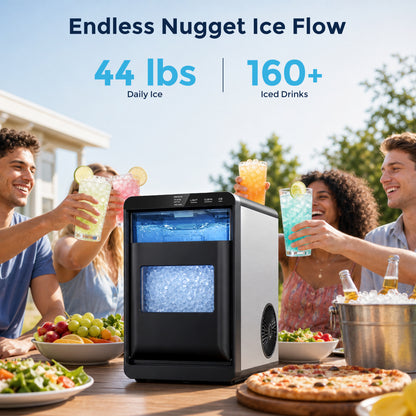 Snowyermine Nugget Ice Maker Countertop, 44 lbs per Day, Soft, Chewable Sonic-Style Pebble Ice, One-Touch Self-Cleaning, Stainless Steel, Black, for Home, Kitchen, Office, RV and Camping