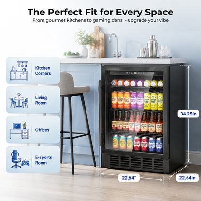 Snowyermine 24 inch Built-In & Freestanding Beverage Refrigerator with Glass Door, Adjustable Temperature Drink Cooler for Home/Office/Bar, Black