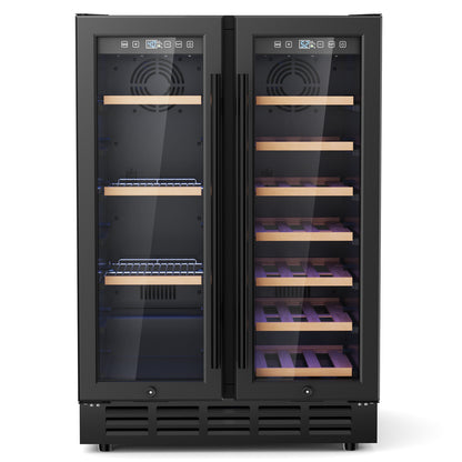 Snowyermine 24 inch Dual Zone Wine & Beverage Refrigerator, Built-in & Freestanding Wine Cooler with Glass French Door, Black for Home or Bar