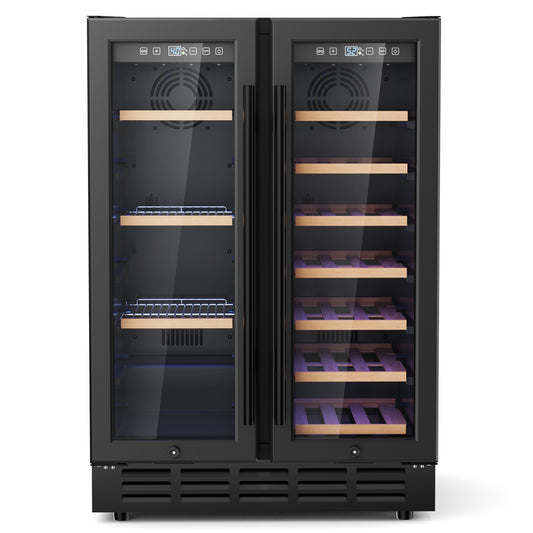 Snowyermine 24 inch Dual Zone Wine & Beverage Refrigerator, Built-in & Freestanding Wine Cooler with Glass French Door, Black for Home or Bar