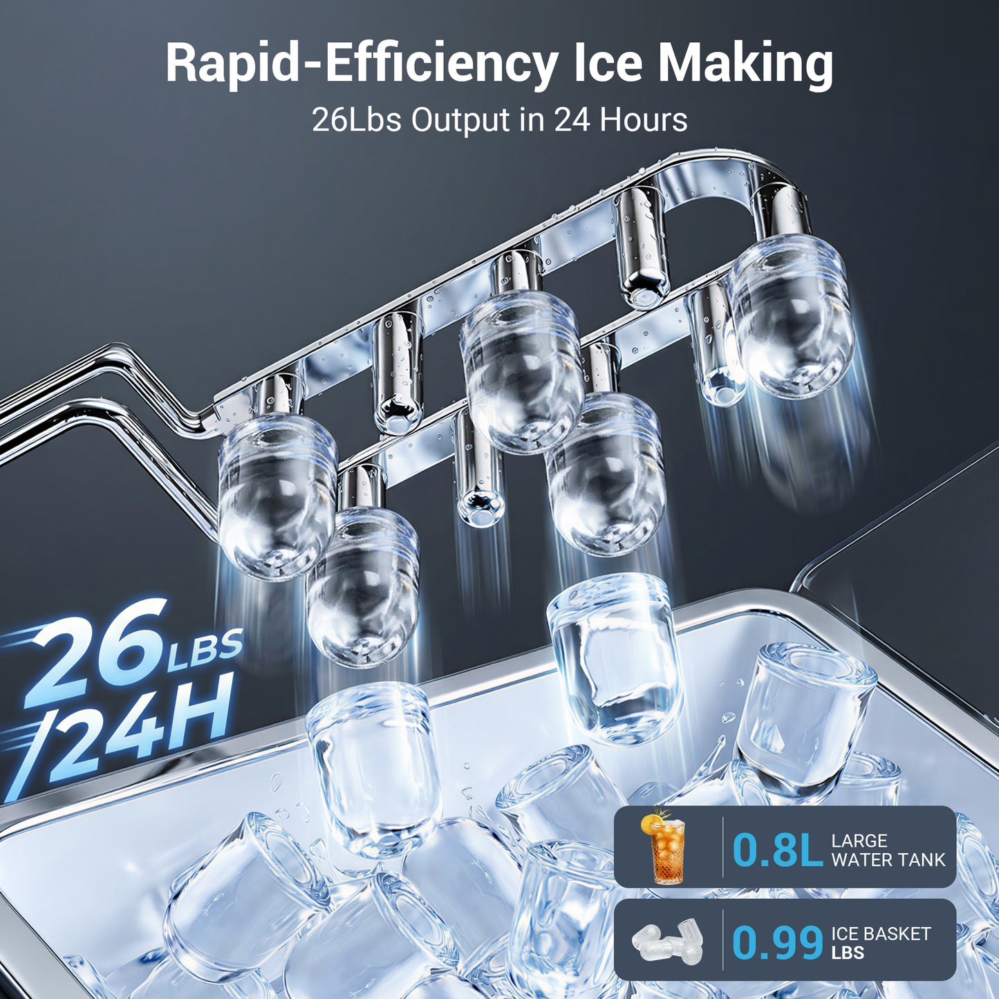 Snowyermine Countertop Ice Maker with Handle,Portable Ice Machine with Basket and Scoop, 8 Bullet Ice In 6 Mins, 26Lbs/24H, Self-Cleaning