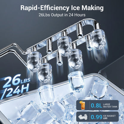 Snowyermine Countertop Ice Maker with Handle,Portable Ice Machine with Basket and Scoop, 8 Bullet Ice In 6 Mins, 26Lbs/24H, Self-Cleaning