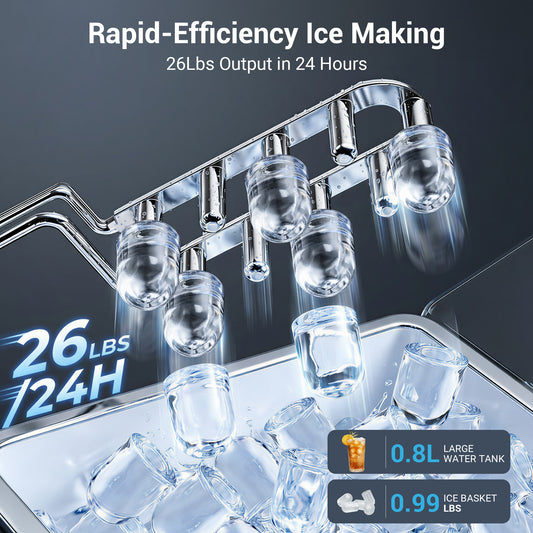 Snowyermine Countertop Ice Maker with Handle,Portable Ice Machine with Basket and Scoop, 8 Bullet Ice In 6 Mins, 26Lbs/24H, Self-Cleaning