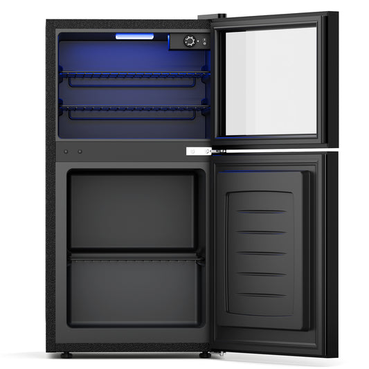 Snowyermine 2.6 cu.ft. Beverage Refrigerator with Freezer, Dual-Zone Mini Fridge with Glass Door and LED Light, Freestanding for Home, Office