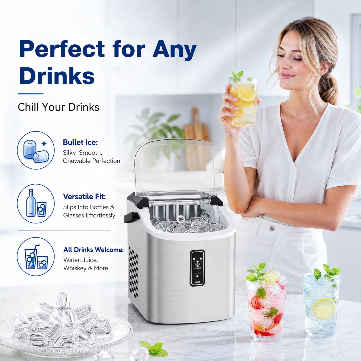 Snowyermine Ice Maker Countertop, 9 Cubes Ready in 6 Mins, 26lbs/24H, Self-Cleaning, Portable Ice Maker Machine with Carry Handle, Basket and Scoop, 2 Sizes of Bullet Ice for Home, Kitchen, Office