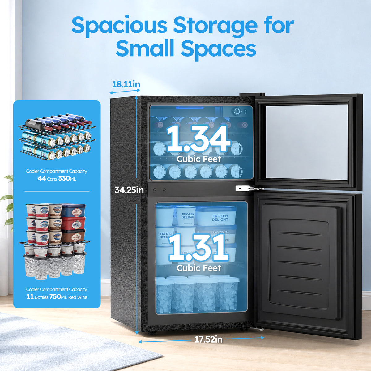 Snowyermine 2.6 cu.ft. Beverage Refrigerator with Freezer, Dual-Zone Mini Fridge with Glass Door and LED Light, Freestanding for Home, Office