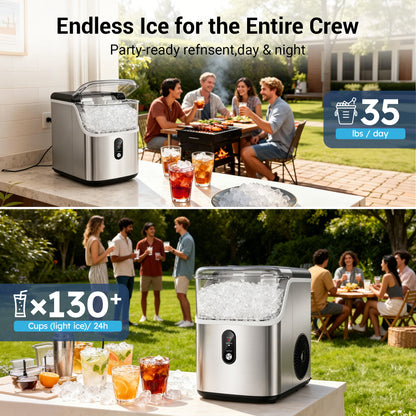 Snowyermine Nugget Ice Maker Countertop, 35 lbs per Day, Soft, Chewable Sonic-Style Pebble Ice, One-Touch Self-Cleaning, Stainless Steel, Silver, for Home, Kitchen, Office, RV and Camping