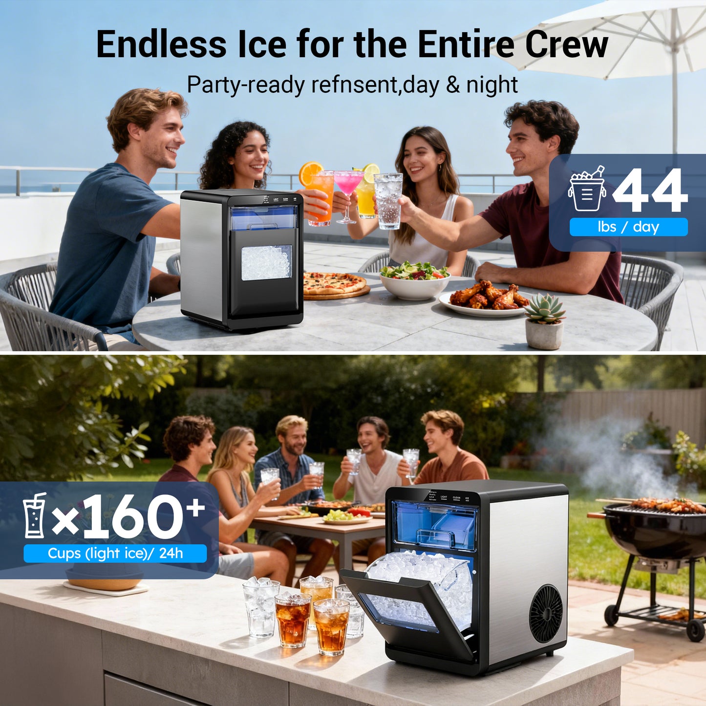 Snowyermine Countertop Nugget Ice Maker, 44 lbs/Day, Chewable Pebble Ice Machine with Self-Cleaning, for Home, Kitchen and Office, Stainless Steel Silver