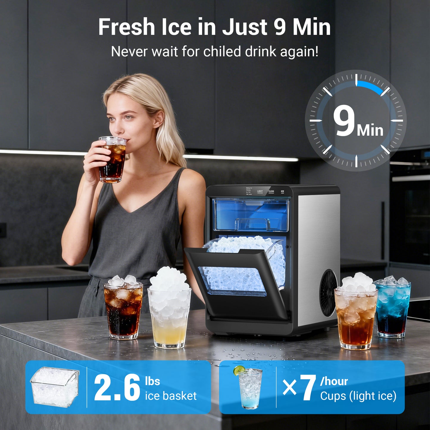 Snowyermine Countertop Nugget Ice Maker, 44 lbs/Day, Chewable Pebble Ice Machine with Self-Cleaning, for Home, Kitchen and Office, Stainless Steel Silver