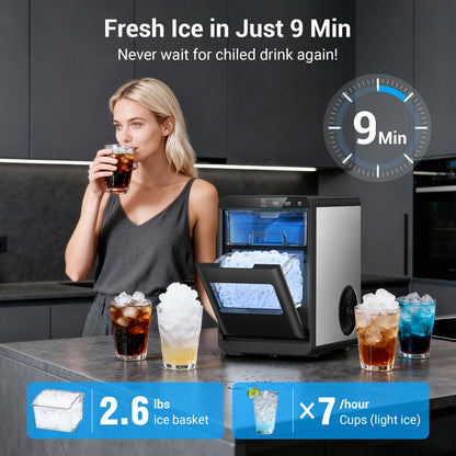 Snowyermine Countertop Nugget Ice Maker, 44 lbs/Day, Chewable Pebble Ice Machine with Self-Cleaning, for Home, Kitchen and Office, Stainless Steel Silver
