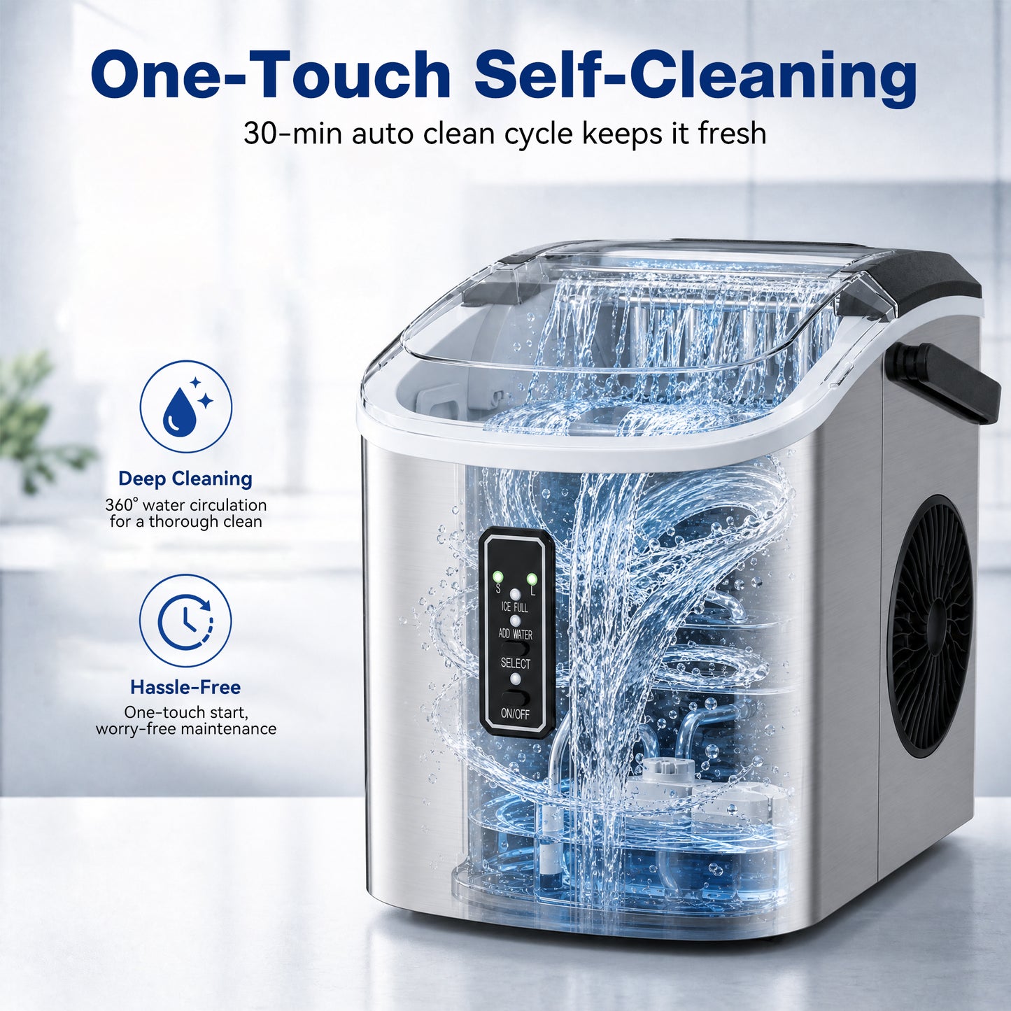 Snowyermine Ice Maker Countertop, 9 Cubes Ready in 6 Mins, 26lbs/24H, Self-Cleaning, Portable Ice Maker Machine with Carry Handle, Basket and Scoop, 2 Sizes of Bullet Ice for Home, Kitchen, Office