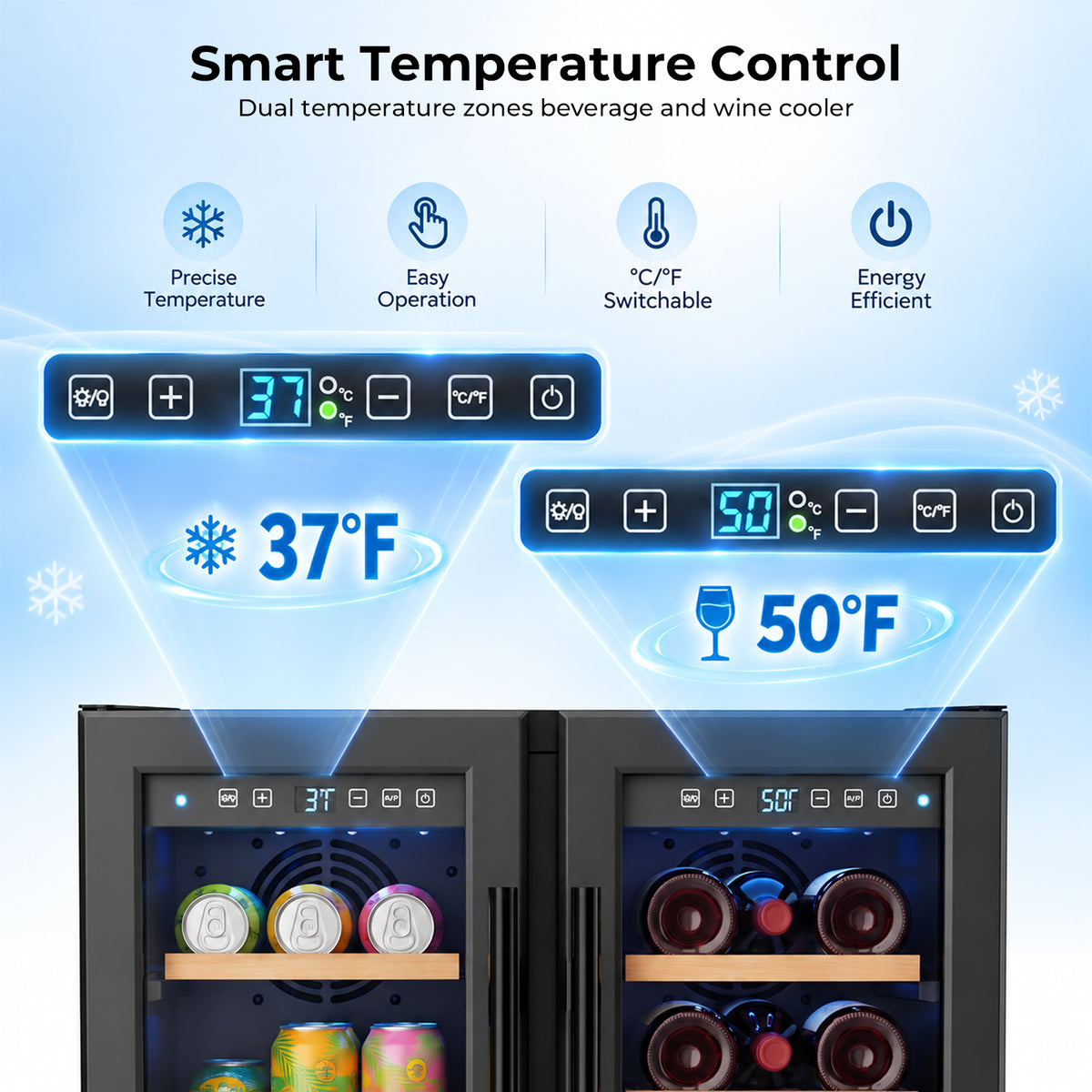 Snowyermine 24 inch Dual Zone Wine & Beverage Refrigerator, Built-in & Freestanding Wine Cooler with Glass French Door, Black for Home or Bar