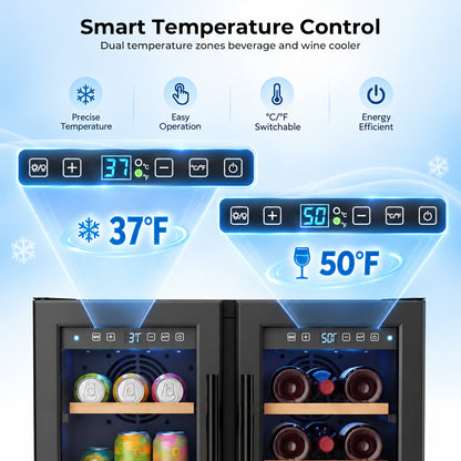 Snowyermine 24 inch Dual Zone Wine & Beverage Refrigerator, Built-in & Freestanding Wine Cooler with Glass French Door, Black for Home or Bar