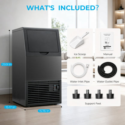 Snowyermine Commercial Ice Maker, 100 lbs/24H, Built-In & Freestanding, 33 lb Storage Bin, 6 Ice Thickness Levels, Black