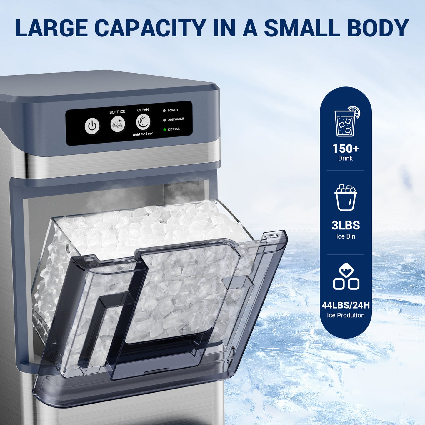 Snowyermine Nugget Ice Maker Countertop with 0.8Gal Built-in Water Tank, 44Lbs/24H, One-Touch Fast Ice in 6 Mins, Self-Cleaning & Ultra Quiet for Home/Office/Party