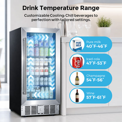 Snowyermine 15 inch Beverage Refrigerator - 2.9 Cu.Ft Built-in or Freestanding Soda & Beer Fridge with Digital Touch Control, Stainless Steel Glass Door & Security Lock