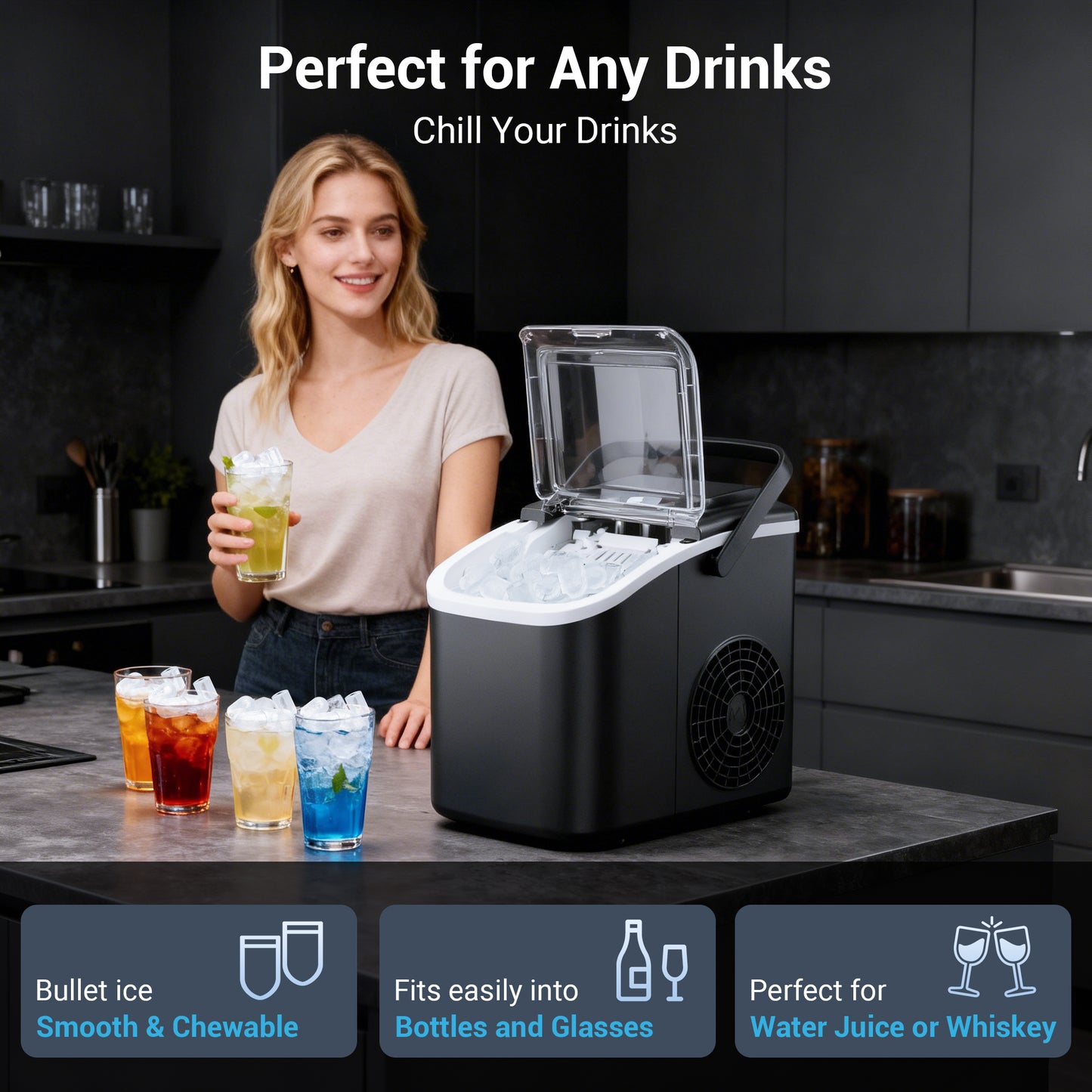Snowyermine Countertop Ice Maker with Handle,Portable Ice Machine with Basket and Scoop, 8 Bullet Ice In 6 Mins, 26Lbs/24H, Self-Cleaning