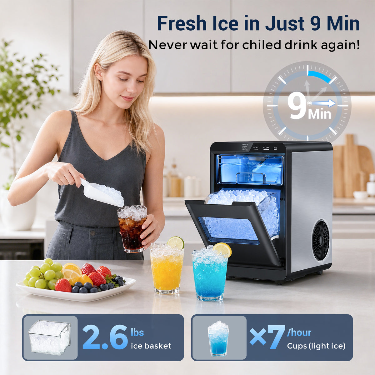 Snowyermine Nugget Ice Maker Countertop, 44 lbs per Day, Soft, Chewable Sonic-Style Pebble Ice, One-Touch Self-Cleaning, Stainless Steel, Black, for Home, Kitchen, Office, RV and Camping