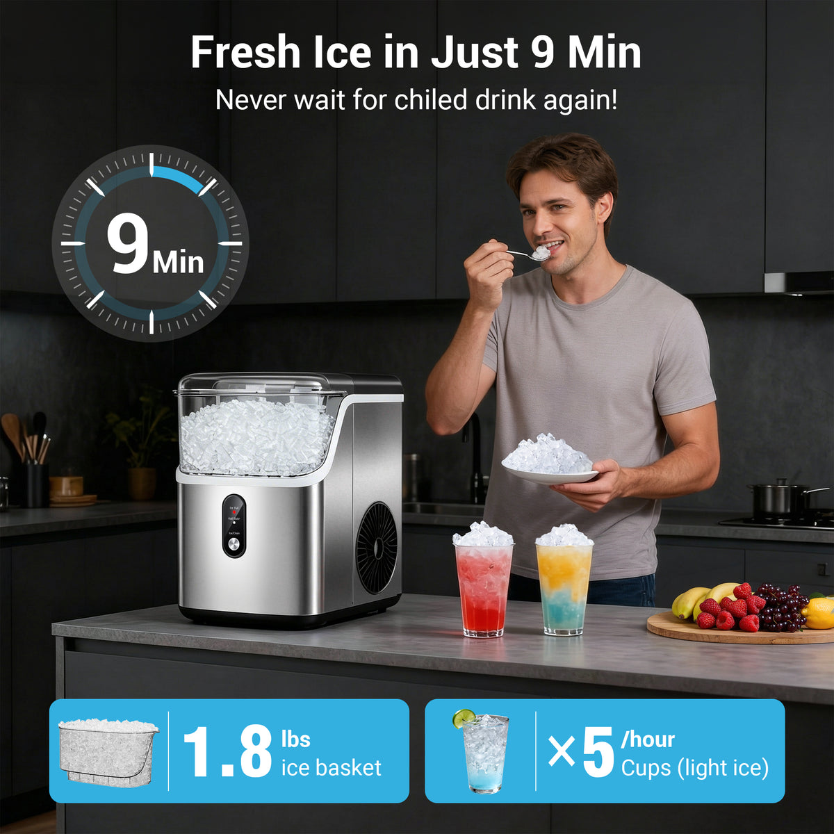 Snowyermine Nugget Ice Maker Countertop, 35 lbs per Day, Soft, Chewable Sonic-Style Pebble Ice, One-Touch Self-Cleaning, Stainless Steel, Silver, for Home, Kitchen, Office, RV and Camping