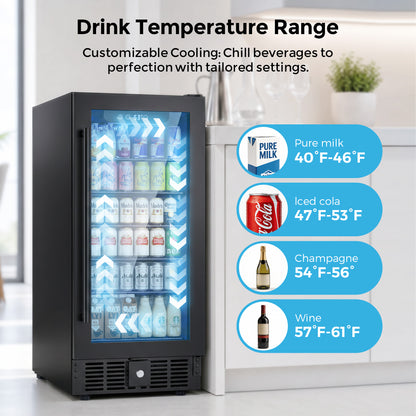 Snowyermine 15 inch Beverage Refrigerator - 2.9 Cu.Ft Built-in or Freestanding Soda & Beer Fridge with Digital Touch Control, Stainless Steel Glass Door & Security Lock