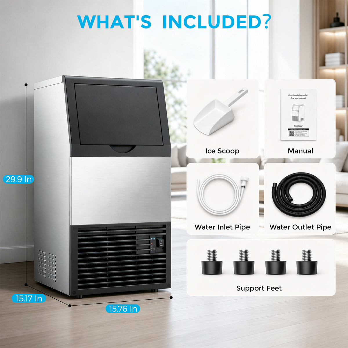 Snowyermine Commercial Undercounter Ice Maker, 100 lb Daily Output with 33 lb Ice Storage, Built-In or Freestanding Ice Machine, Self-Cleaning, Silver