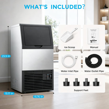 Snowyermine Commercial Undercounter Ice Maker, 100 lb Daily Output with 33 lb Ice Storage, Built-In or Freestanding Ice Machine, Self-Cleaning, Silver