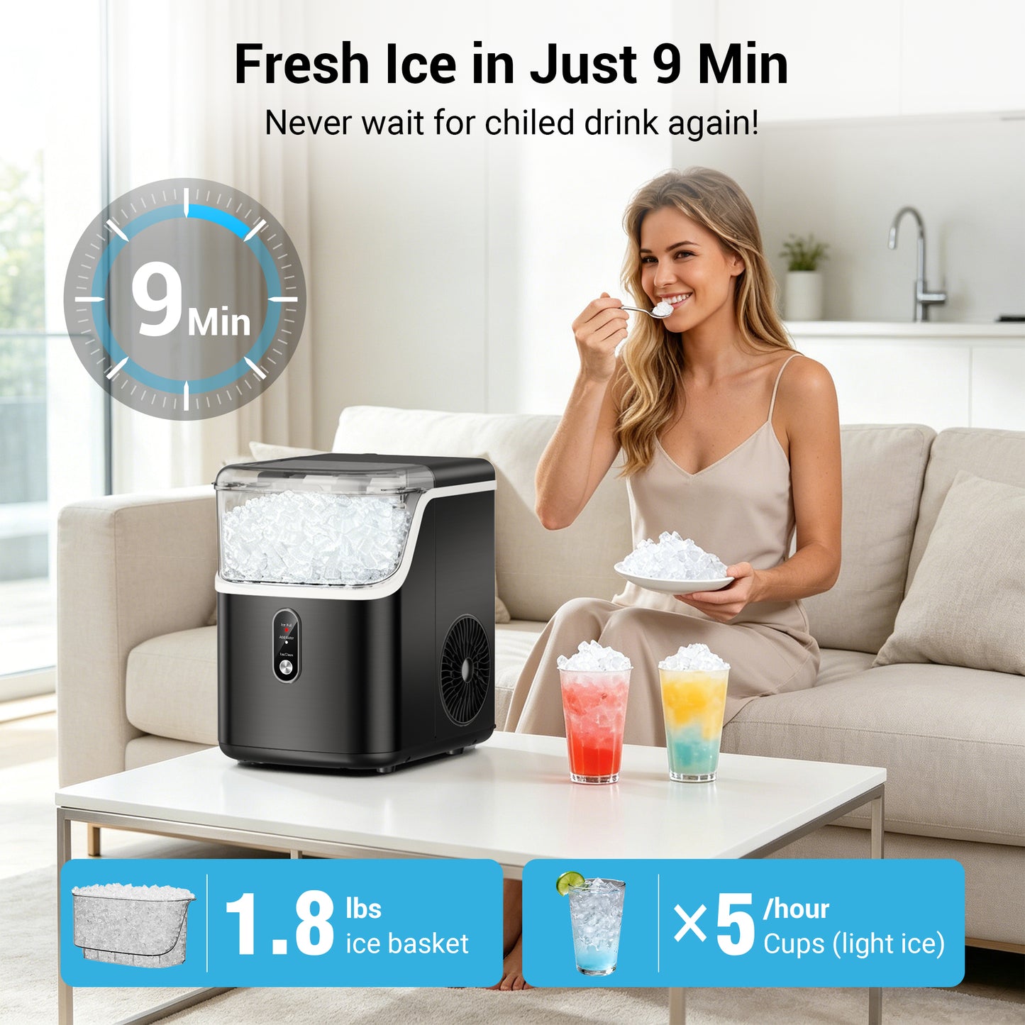 Snowyermine 35lb Nugget Ice Maker Portable Countertop, Pebble Crushed Soft Chewable Ice Maker Machine, Stainless Steel，Black