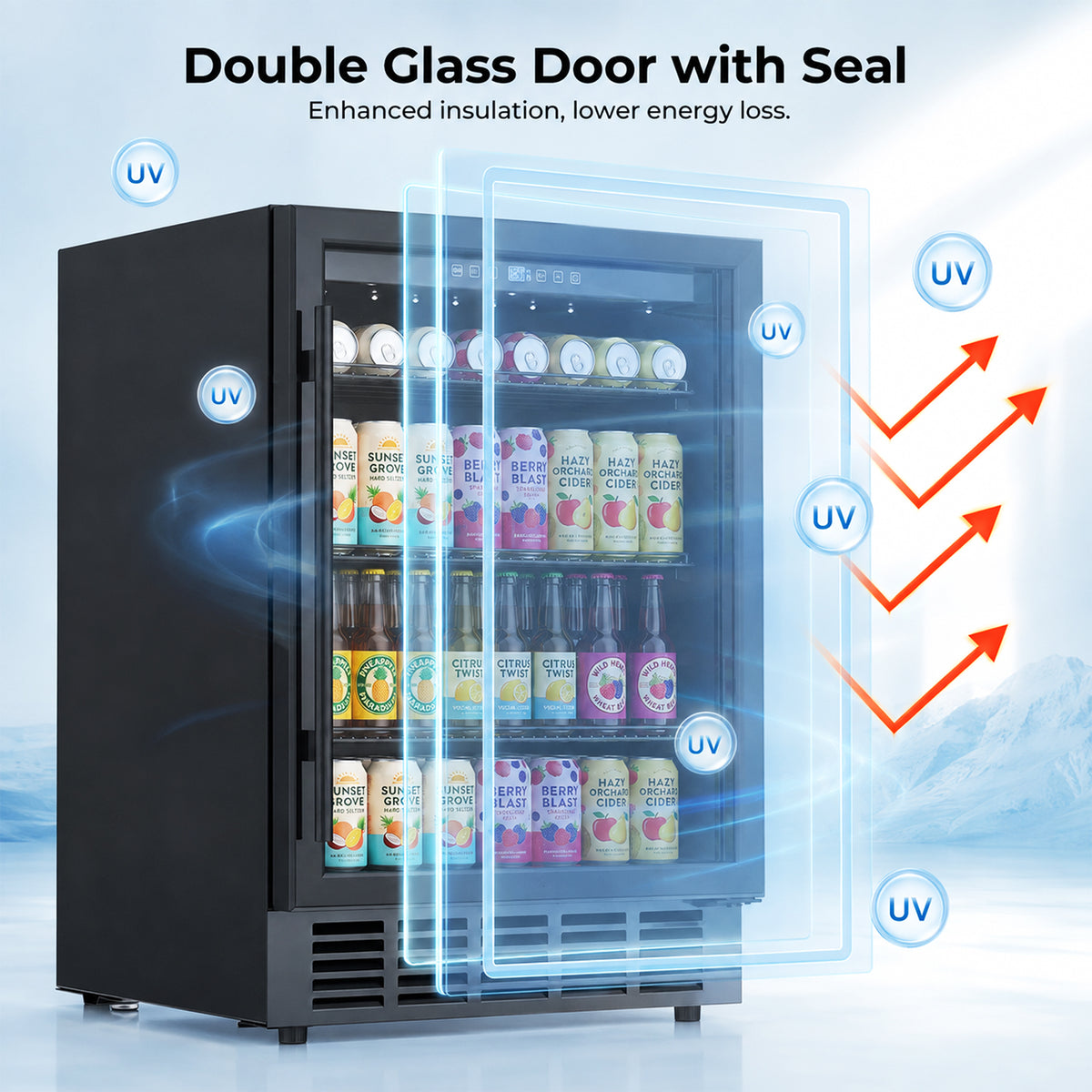 Snowyermine 24 inch Built-In & Freestanding Beverage Refrigerator with Glass Door, Adjustable Temperature Drink Cooler for Home/Office/Bar, Black