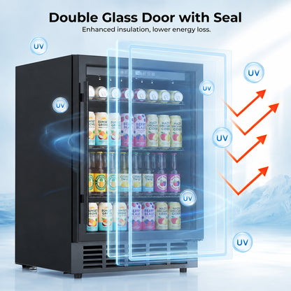 Snowyermine 24 inch Built-In & Freestanding Beverage Refrigerator with Glass Door, Adjustable Temperature Drink Cooler for Home/Office/Bar, Black
