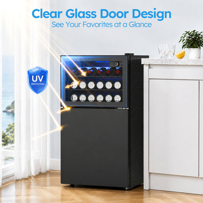 Snowyermine 2.6 cu.ft. Beverage Refrigerator with Freezer, Dual-Zone Mini Fridge with Glass Door and LED Light, Freestanding for Home, Office