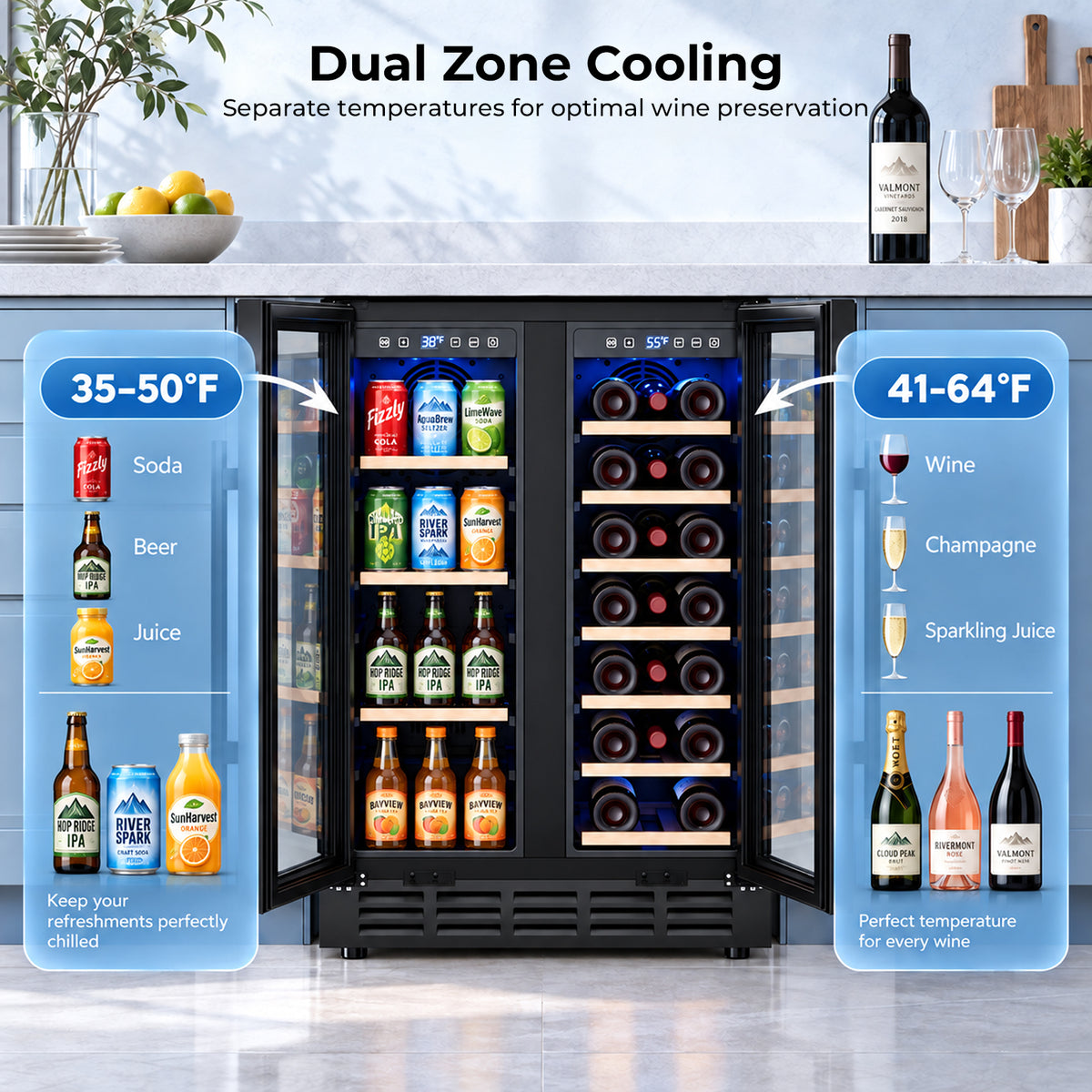 Snowyermine 24 inch Dual Zone Wine & Beverage Refrigerator, Built-in & Freestanding Wine Cooler with Glass French Door, Black for Home or Bar