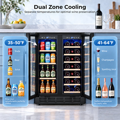 Snowyermine 24 inch Dual Zone Wine & Beverage Refrigerator, Built-in & Freestanding Wine Cooler with Glass French Door, Black for Home or Bar