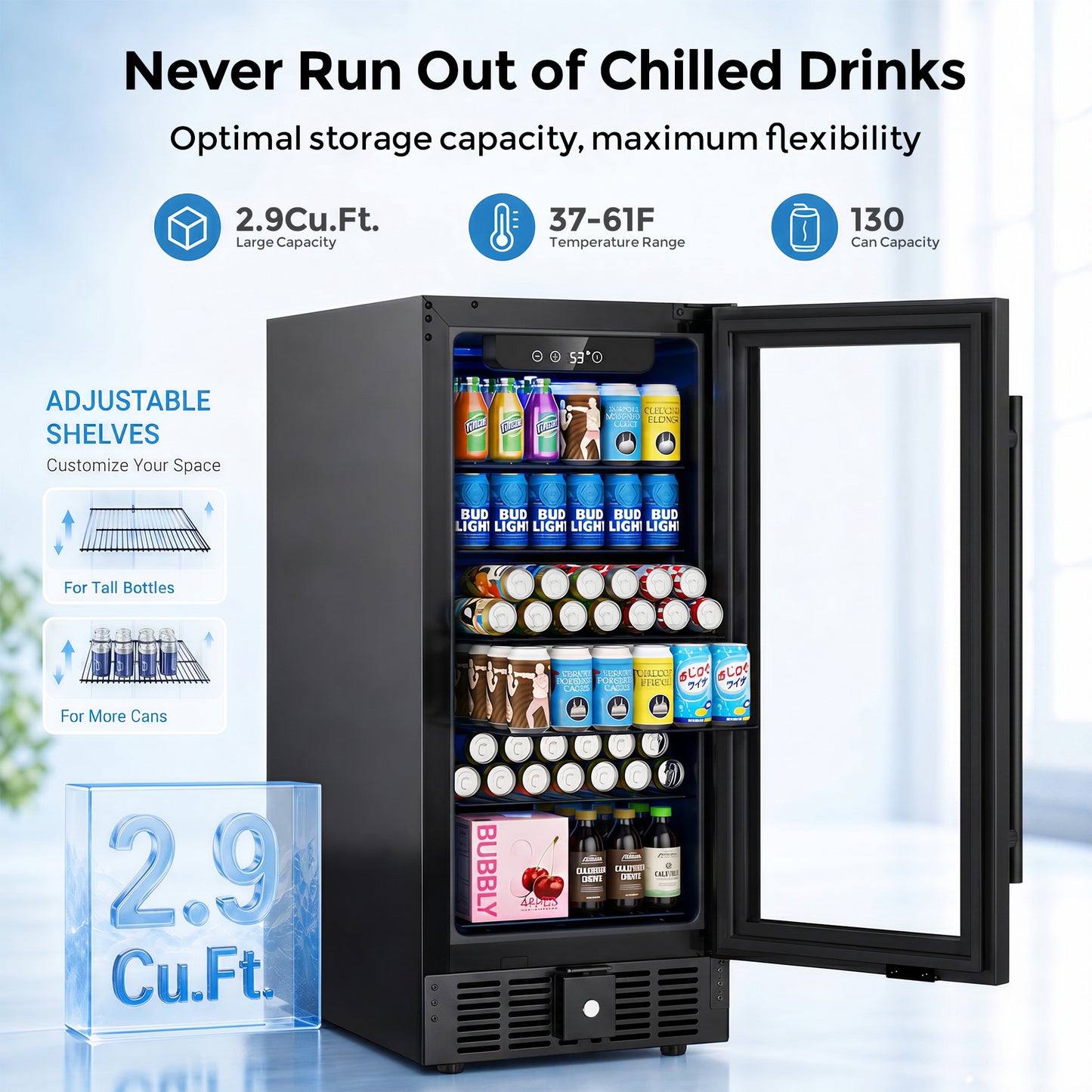 Snowyermine 15 inch Beverage Refrigerator - 2.9 Cu.Ft Built-in or Freestanding Soda & Beer Fridge with Digital Touch Control, Stainless Steel Glass Door & Security Lock