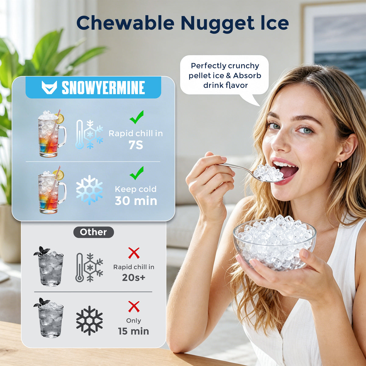 Snowyermine Nugget Ice Maker Countertop, 44 lbs per Day, Soft, Chewable Sonic-Style Pebble Ice, One-Touch Self-Cleaning, Stainless Steel, Silver, for Home, Kitchen, Office, RV and Camping