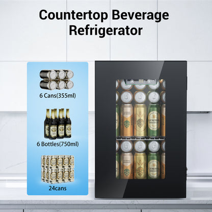 Snowyermine 24 Cans Mini Beverage Refrigerator & Portable Wine Cooler Refrigerator with Glass Door, Mini Countertop Wine Fridge for Home/Office/Bar,Black