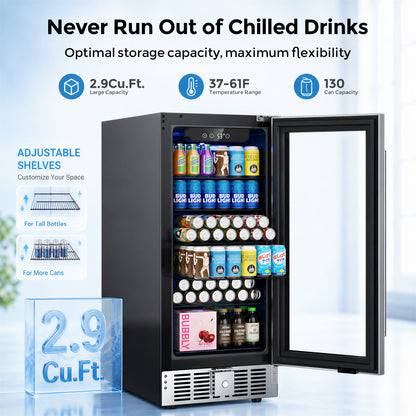 Snowyermine 15 inch Beverage Refrigerator - 2.9 Cu.Ft Built-in or Freestanding Soda & Beer Fridge with Digital Touch Control, Stainless Steel Glass Door & Security Lock